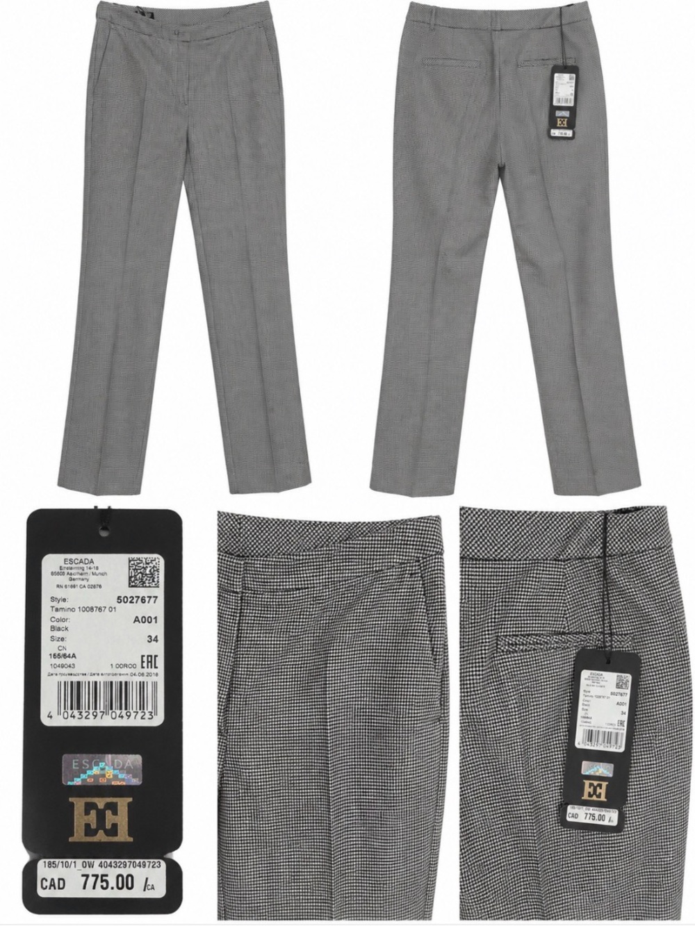 NWT Escada Black and White Micro Check Tailored Pants US 6-8